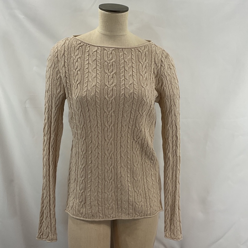 Lauren Jeans by Ralph Lauren Cable Knit Beige Boatneck Sweater sz M 100% Cotton